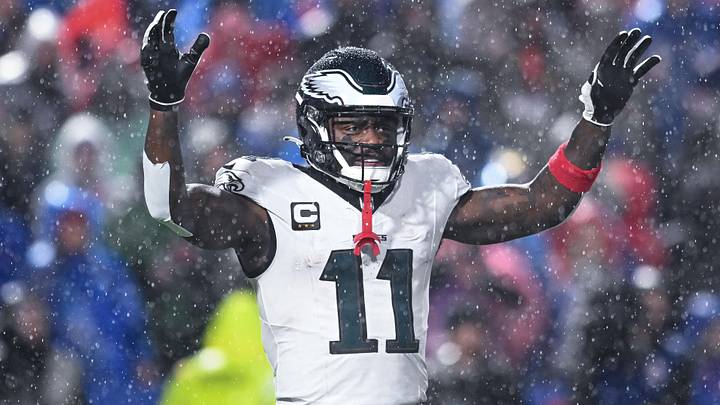 Dec 28, 2025; Orchard Park, New York, USA; Philadelphia Eagles wide receiver A.J. Brown (11) during a timeout in the third quarter against the Buffalo Bills at Highmark Stadium. Mandatory Credit: Mark Konezny-Imagn Images