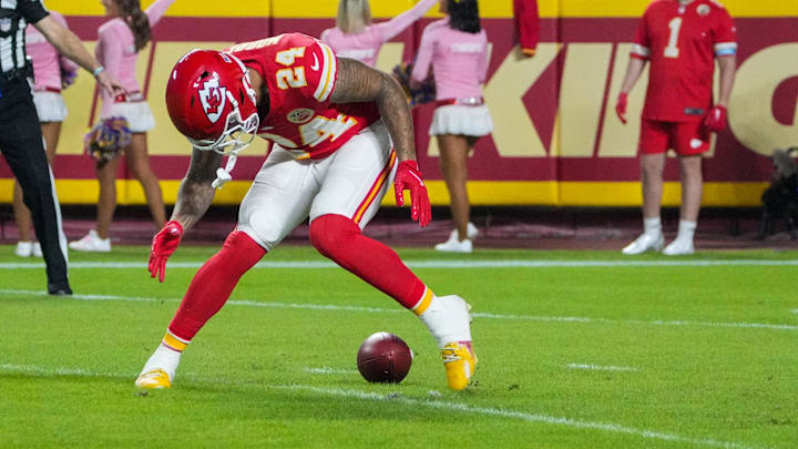 Oct 7, 2024; Kansas City, Missouri, USA; Kansas City Chiefs wide receiver Skyy Moore (24) drops a punt return against the New Orleans Saints during the first half at GEHA Field at Arrowhead Stadium. Mandatory Credit: Denny Medley-Imagn Images