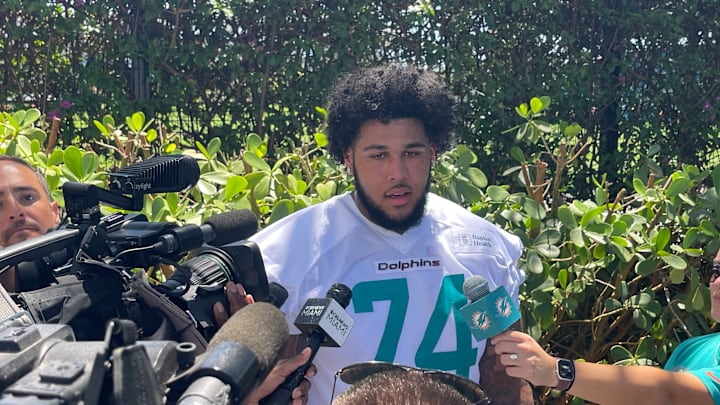 Miami Dolphins first-round pick Kadyn Proctor addresses the media after the first day of rookie minicamp