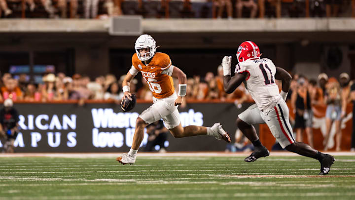 Oct 19, 2024; Austin, Texas, USA; Texas Longhorns quarterback Arch Manning (16) runs the ball against the Georgia Bulldogs during the second quarter at Darrell K Royal-Texas Memorial Stadium. Mandatory Credit: Brett Patzke-Imagn Images Oct 19, 2024; Austin, Texas, USA; Texas Longhorns quarterback Arch Manning (16) runs the ball against the Georgia Bulldogs during the second quarter at Darrell K Royal-Texas Memorial Stadium. Mandatory Credit: Brett Patzke-Imagn Images