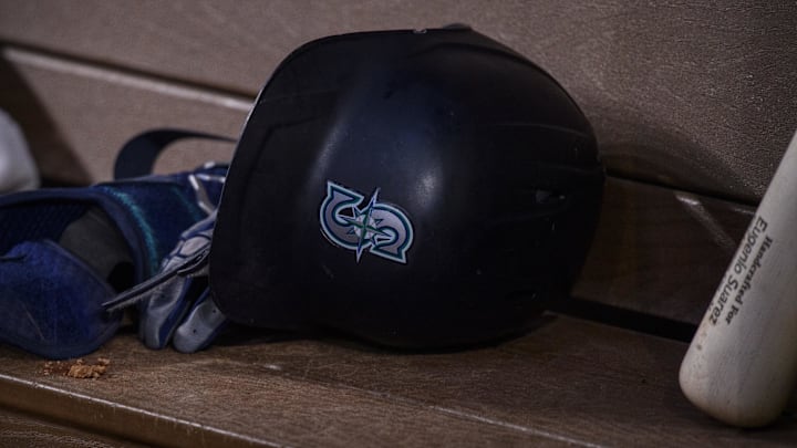 Jun 5, 2022; Arlington, Texas, USA; A view of a Seattle Mariners batting helmet and logo during the game between the Texas Rangers and the Seattle Mariners at Globe Life Field. Mandatory Credit: Jerome Miron-Imagn Images
