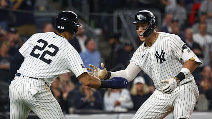 Sep 26, 2024; Bronx, New York, USA; New York Yankees center fielder Aaron Judge (99) celebrates with right fielder Juan Soto (22) after hitting a two run home run during the seventh inning against the Baltimore Orioles at Yankee Stadium. Mandatory Credit: Vincent Carchietta-Imagn Images Sep 26, 2024; Bronx, New York, USA; New York Yankees center fielder Aaron Judge (99) celebrates with right fielder Juan Soto (22) after hitting a two run home run during the seventh inning against the Baltimore Orioles at Yankee Stadium. Mandatory Credit: Vincent Carchietta-Imagn Images