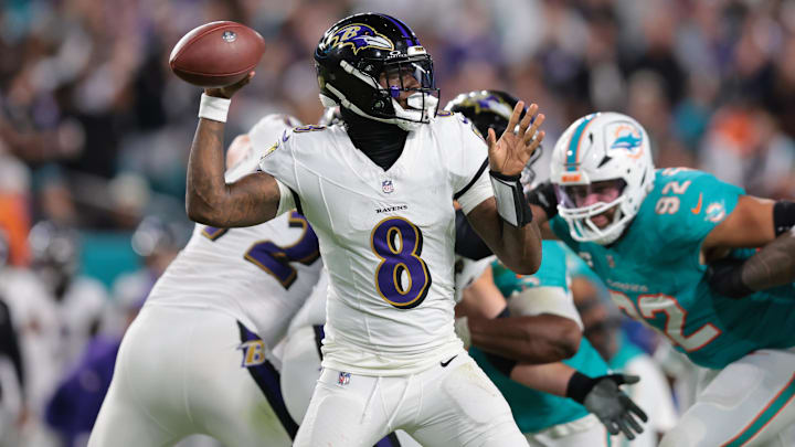Oct 30, 2025; Miami Gardens, Florida, USA; Baltimore Ravens quarterback Lamar Jackson (8) throws downfield during the second quarter against the Miami Dolphins at Hard Rock Stadium. Mandatory Credit: Sam Navarro-Imagn Images Oct 30, 2025; Miami Gardens, Florida, USA; Baltimore Ravens quarterback Lamar Jackson (8) throws downfield during the second quarter against the Miami Dolphins at Hard Rock Stadium. Mandatory Credit: Sam Navarro-Imagn Images