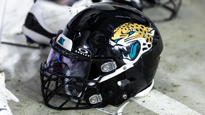Nov 23, 2025; Glendale, Arizona, USA; Detailed view of a Jacksonville Jaguars helmet at State Farm Stadium. Mandatory Credit: Mark J. Rebilas-Imagn Images