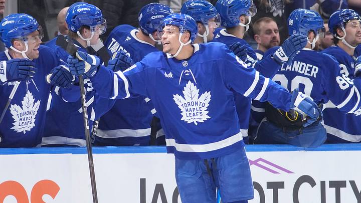 Mar 25, 2026; Toronto, Ontario, CAN; Toronto Maple Leafs forward Dakota Joshua (81) celebrates his goal against the New York Rangers during the second period at Scotiabank Arena. Mandatory Credit: John E. Sokolowski-Imagn Images