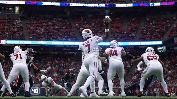 Dec 14, 2025; Houston, Texas, USA; Arizona Cardinals quarterback Jacoby Brissett (7) passes against the Houston Texans in the fourth quarter at NRG Stadium. Mandatory Credit: Thomas Shea-Imagn Images