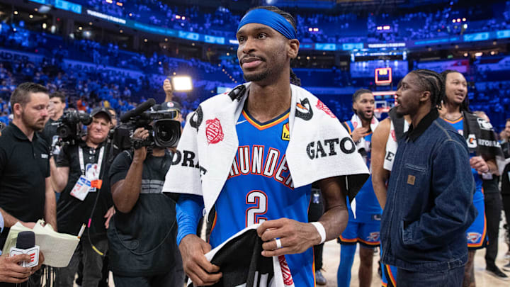 Oklahoma City Thunder guard Shai Gilgeous-Alexander (2) walks off the court after his team defeated the Denver Nuggets in game seven of the second round for the 2025 NBA Playoffs at Paycom Center.