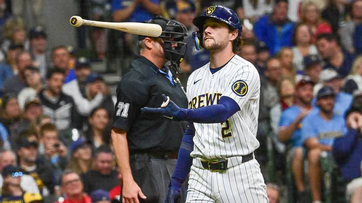 Sep 26, 2026; Milwaukee, Wisconsin, USA;  Milwaukee Brewers second baseman Brice Turang (2) reacts after striking out in the seventh inning against the St. Louis Cardinals at American Family Field.  Mandatory Credit: Benny Sieu-Imagn Images