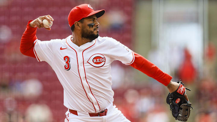 Apr 2, 2025; Cincinnati, Ohio, USA; Cincinnati Reds third baseman Jeimer Candelario (3) throws to first to get Texas Rangers first baseman Jake Burger (not pictured) out in the second inning at Great American Ball Park. Mandatory Credit: Katie Stratman-Imagn Images