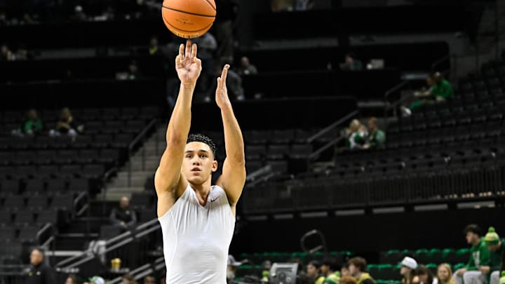 Jan 18, 2025; Eugene, Oregon, USA; Oregon Ducks guard Jackson Shelstad (3) shoots the ball before the game against the Purdue Boilermakers at Matthew Knight Arena. Mandatory Credit: Craig Strobeck-Imagn Images