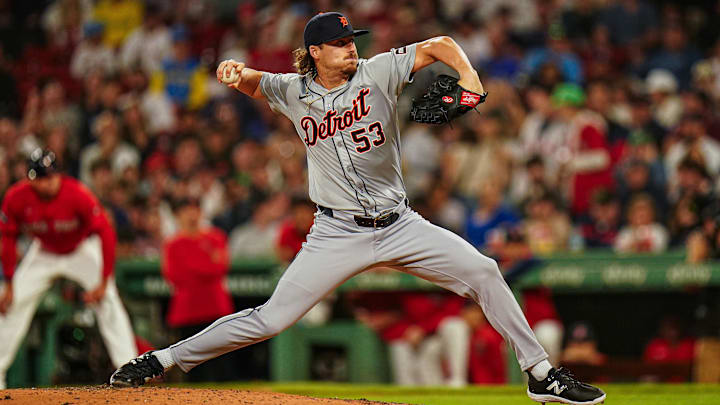 May 31, 2024; Boston, Massachusetts, USA; Detroit Tigers relief pitcher Mason Englert (53) throws a pitch against the Boston Red Sox in the seventh inning at Fenway Park.