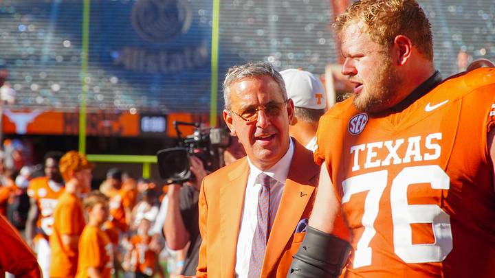 Aug 31, 2024; Austin, Texas, USA; Texas Longhorns athletic director Chris Del Conte and lineman Hayden Conner.