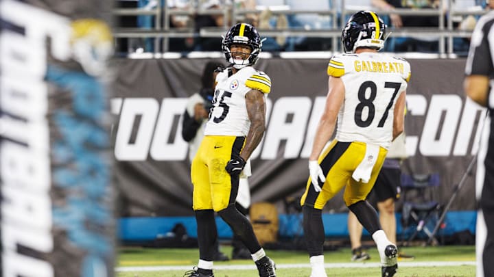 Aug 9, 2025; Jacksonville, Florida, USA; Pittsburgh Steelers wide receiver Ke'Shawn Williams (85) celebrates a touchdown against the Jacksonville Jaguars during the fourth quarter at EverBank Stadium. Mandatory Credit: Morgan Tencza-Imagn Images