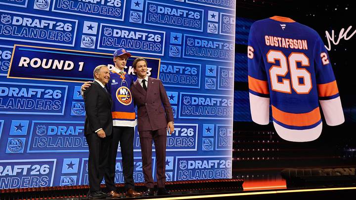 Jun 26, 2026; Buffalo, New York, USA; Malte Gustafsson reacts beside NHL commissioner Gary Bettman and New York Islanders player Matthew Schaefer after being selected with the thirteenth pick in the first round of the 2026 NHL Draft by the Islanders at KeyBank Center. Mandatory Credit: Timothy T. Ludwig-Imagn Images Jun 26, 2026; Buffalo, New York, USA; Malte Gustafsson reacts beside NHL commissioner Gary Bettman and New York Islanders player Matthew Schaefer after being selected with the thirteenth pick in the first round of the 2026 NHL Draft by the Islanders at KeyBank Center. Mandatory Credit: Timothy T. Ludwig-Imagn Images