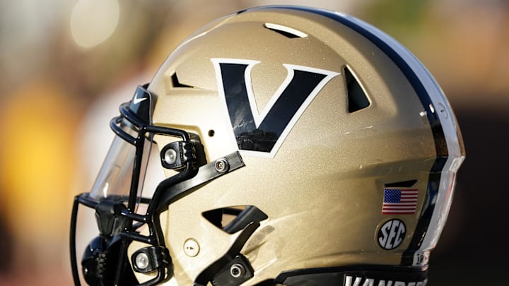 Oct 22, 2022; Columbia, Missouri, USA; A detail view of a Vanderbilt Commodores helmet against the Missouri Tigers during the second half of the game at Faurot Field at Memorial Stadium.