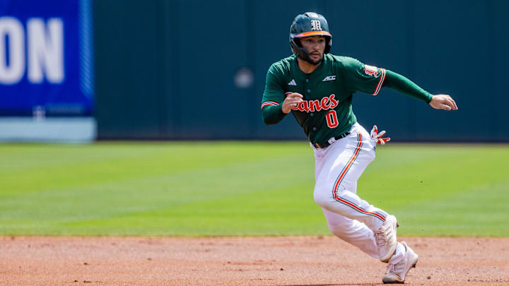 Miami (Fl) Hurricanes infielder Dorian Gonzalez Jr. (0) leads off in the second inning against the Clemson Tigers during the ACC Baseball Tournament at Truist Field. 