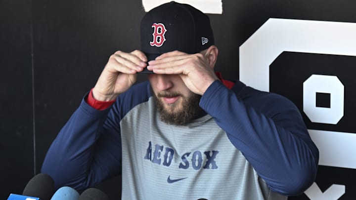 Boston Red Sox pitcher Garrett Crochet (35) talks with the media before the teamís game against the Chicago White Sox at Guaranteed Rate Field.