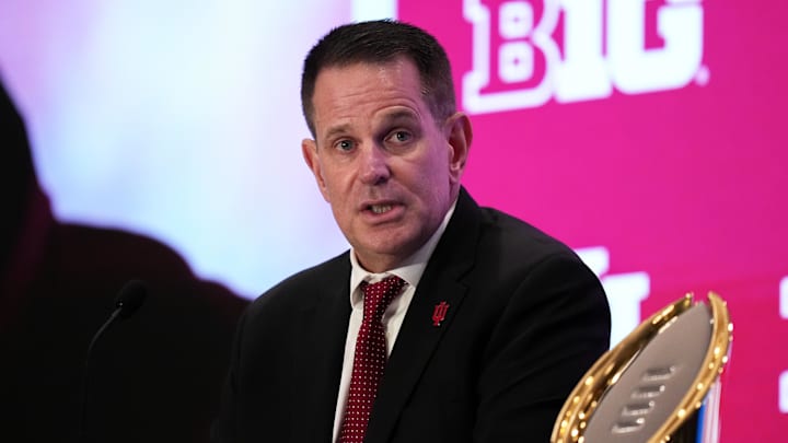 Jul 22, 2025; Las Vegas, NV, USA; Indiana head coach Curt Cignetti speaks to the media during the Big Ten NCAA college football media days at Mandalay Bay Resort. Mandatory Credit: Lucas Peltier-Imagn Images