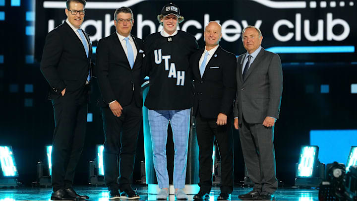 Jun 28, 2024; Las Vegas, Nevada, USA; Cole Beaudoin is selected by the Utah Hockey Club with the 24th overall pick in the first round of the 2024 NHL Draft at The Sphere. Mandatory Credit: Stephen R. Sylvanie-USA TODAY Sports