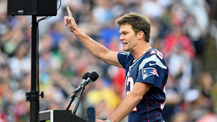 Sep 10, 2023; Foxborough, Massachusetts, USA; New England Patriots former quarterback Tom Brady speaks during a halftime ceremony in his honor during the game between the Philadelphia Eagles and New England Patriots at Gillette Stadium. Mandatory Credit: Brian Fluharty-USA TODAY Sports