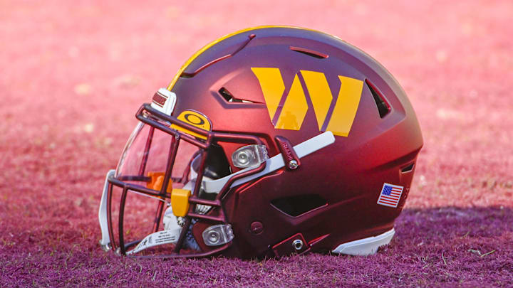 Jan 1, 2023; Landover, Maryland, USA; Washington Commanders helmet on the field before the game against the Cleveland Browns at FedExField. Mandatory Credit: Brad Mills-Imagn Images