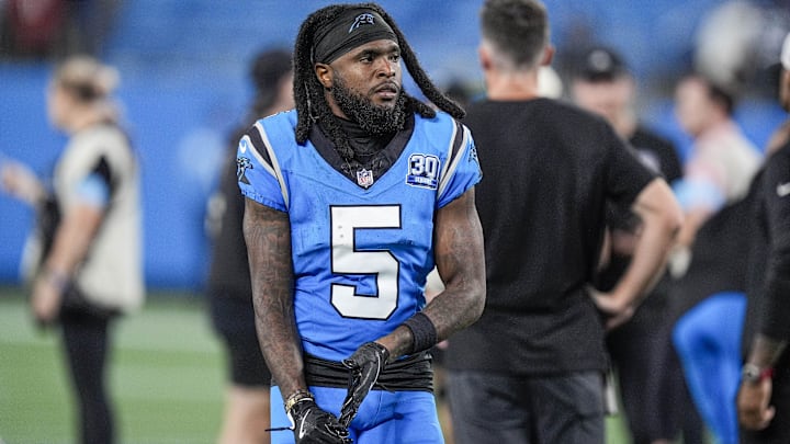 Oct 13, 2024; Charlotte, North Carolina, USA; Carolina Panthers wide receiver Diontae Johnson (5) makes his way back to the locker room after the end of the second half against the Atlanta Falcons at Bank of America Stadium. Mandatory Credit: Jim Dedmon-Imagn Images