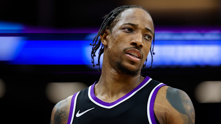 Apr 16, 2025; Sacramento, California, USA; Sacramento Kings forward DeMar DeRozan (10) looks on during the fourth quarter against the Dallas Mavericks at Golden 1 Center. Mandatory Credit: Sergio Estrada-Imagn Images