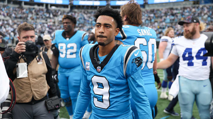 Oct 12, 2025; Charlotte, North Carolina, USA; Carolina Panthers quarterback Bryce Young (9) looks on after the game against the Dallas Cowboys at Bank of America Stadium. Mandatory Credit: Cory Knowlton-Imagn Images