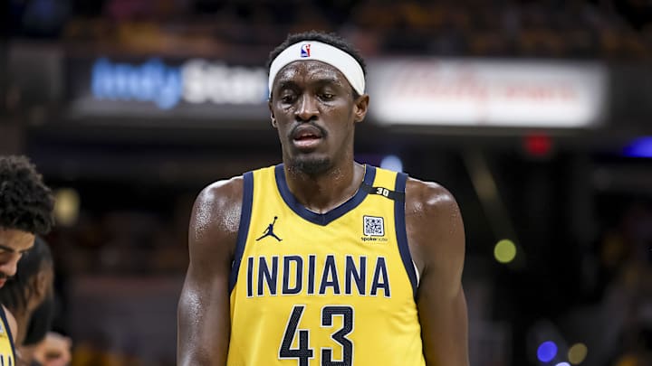 May 27, 2024; Indianapolis, Indiana, USA; Indiana Pacers forward Pascal Siakam (43) during the second quarter during game four of the eastern conference finals for the 2024 NBA playoffs at Gainbridge Fieldhouse. Mandatory Credit: Trevor Ruszkowski-USA TODAY Sports