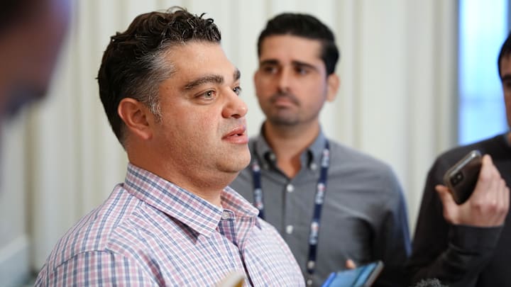 Nov 8, 2022; Las Vegas, NV, USA; Los Angeles Angels general manager Perry Minasian answers questions to the media during the MLB GM Meetings at The Conrad Las Vegas. Mandatory Credit: Lucas Peltier-Imagn Images