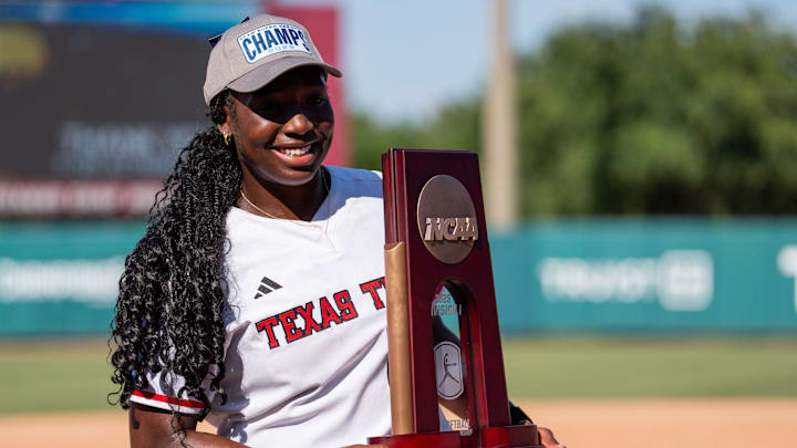 Texas Tech Red Raiders pitcher NiJaree Canady (24) celebrates her team’s 2-1 victory over the Florida State Seminoles in the NCAA WCWS Super Regionals on Friday, May 23, 2025.