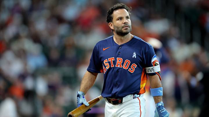 Jun 21, 2026; Houston, Texas, USA; Houston Astros designated hitter Jose Altuve (27) walks to the dugout after hitting a line drive for an out against the Cleveland Guardians during the fourth inning at Daikin Park. Mandatory Credit: Erik Williams-Imagn Images