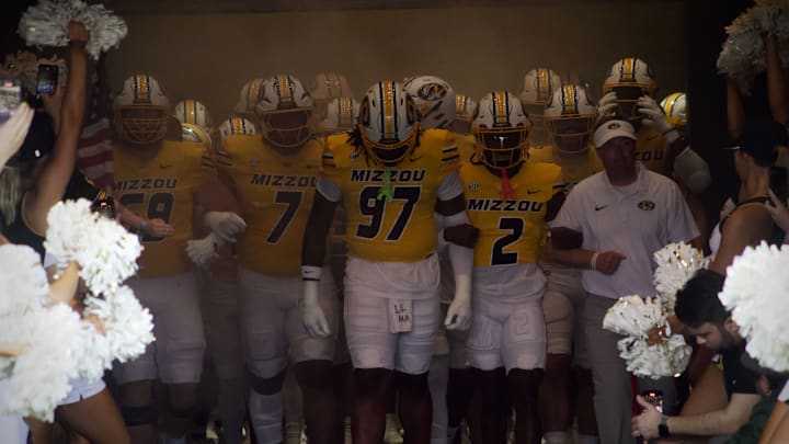 Sep 21, 2024; Columbia, Missouri, USA; The Missouri Tigers prepare to take the field ahead of a game against the Vanderbilt Commodores at Faurot Field at Memorial Stadium. 