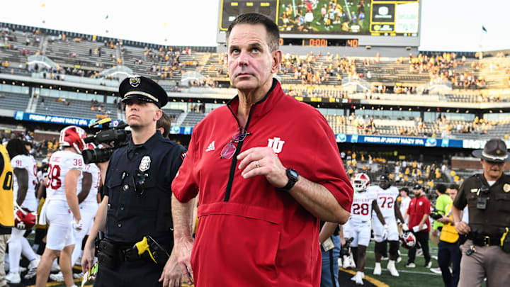 Sep 27, 2025; Iowa City, Iowa, USA; Indiana Hoosiers head coach Curt Cignetti walks off the field after the victory over the Iowa Hawkeyes at Kinnick Stadium. Mandatory Credit: Jeffrey Becker-Imagn Images