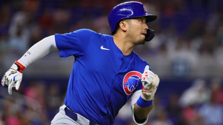 Aug 23, 2024; Miami, Florida, USA; Chicago Cubs designated hitter Seiya Suzuki (27) runs toward second base after hitting a double against the Miami Marlins during the third inning at loanDepot Park. Aug 23, 2024; Miami, Florida, USA; Chicago Cubs designated hitter Seiya Suzuki (27) runs toward second base after hitting a double against the Miami Marlins during the third inning at loanDepot Park.
