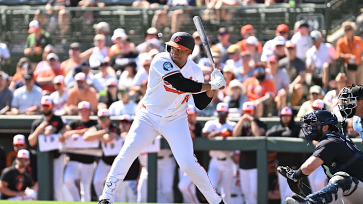 Feb 20, 2026; Sarasota, Florida, USA; Baltimore Orioles catcher Samuel Basallo (29) bats in the first inning against the New York Yankees during spring training at Ed Smith Stadium. Mandatory Credit: Jonathan Dyer-Imagn Images