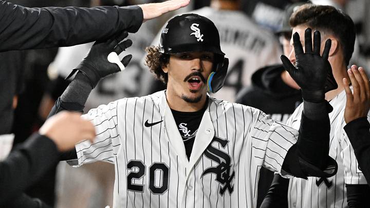 Oct 8, 2026; Chicago, Illinois, USA; Chicago White Sox third baseman Miguel Vargas (20) celebrates after hitting a home run during the ninth inning against the Cleveland Guardians in game four of the ALDS for the 2026 MLB Playoffs at Rate Field. Mandatory Credit: Matt Marton-Imagn Images Oct 8, 2026; Chicago, Illinois, USA; Chicago White Sox third baseman Miguel Vargas (20) celebrates after hitting a home run during the ninth inning against the Cleveland Guardians in game four of the ALDS for the 2026 MLB Playoffs at Rate Field. Mandatory Credit: Matt Marton-Imagn Images