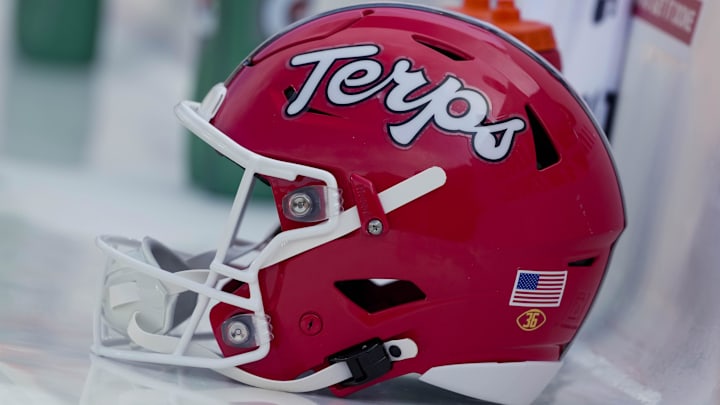 Sep 20, 2025; Madison, Wisconsin, USA; A Maryland Terrapins helmet during warmups prior to the game against the Wisconsin Badgers at Camp Randall Stadium.