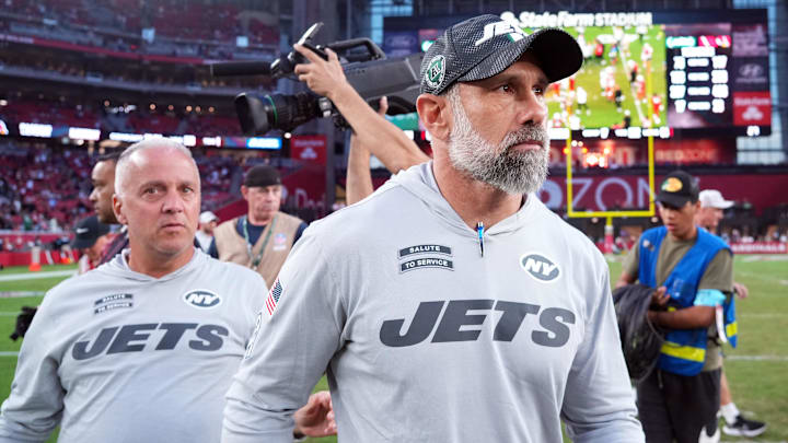 Nov 10, 2024; Glendale, Arizona, USA; New York Jets head coach Jeff Ulbrich leaves the field after the game against the Arizona Cardinals at State Farm Stadium. 