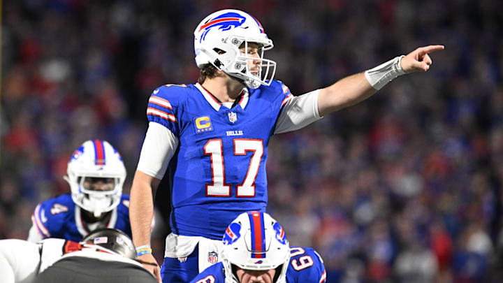 Oct 26, 2023; Orchard Park, New York, USA; Buffalo Bills quarterback Josh Allen (17) gestures in the