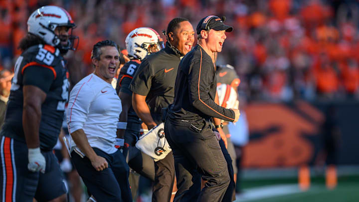 Sep 21, 2024; Corvallis, Oregon, USA; Oregon State Beavers head coach Trent Bray reacts to a defensive stop on fourth down during the first half against the Purdue Boilermakers at Reser Stadium. Mandatory Credit: Craig Strobeck-Imagn Images Sep 21, 2024; Corvallis, Oregon, USA; Oregon State Beavers head coach Trent Bray reacts to a defensive stop on fourth down during the first half against the Purdue Boilermakers at Reser Stadium. Mandatory Credit: Craig Strobeck-Imagn Images
