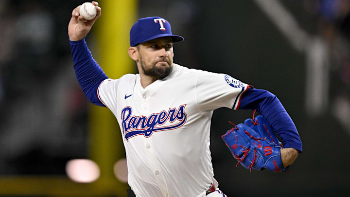 Aug 11, 2025; Arlington, Texas, USA; Texas Rangers starting pitcher Nathan Eovaldi (17) pitches against the Arizona Diamondbacks during the fourth inning at Globe Life Field. 