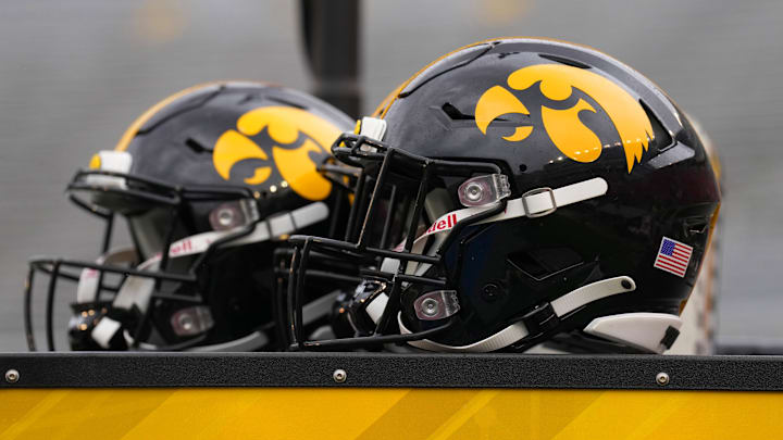 Oct 14, 2023; Madison, Wisconsin, USA;  General view of Iowa Hawkeyes helmets prior to the game against the Wisconsin Badgers at Camp Randall Stadium. Mandatory Credit: Jeff Hanisch-Imagn Images