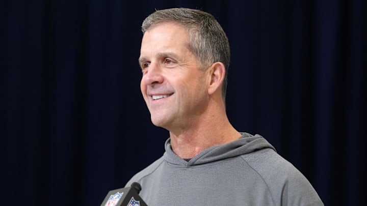 Feb 24, 2026; Indianapolis, IN, USA; New York Giants coach John Harbaugh speaks at the NFL Scouting Combine at the Indiana Convention Center. Mandatory Credit: Kirby Lee-Imagn Images