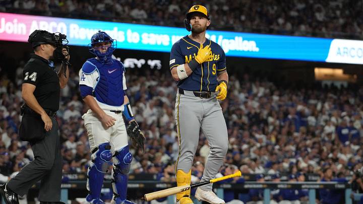 Oct 14, 2026; Los Angeles, California, USA; Milwaukee Brewers first baseman Jake Bauers (9) reacts after hitting a two-run home run against the Los Angeles Dodgers during the seventh inning in game three of the NLCS for the 2026 MLB Playoffs at Uniqlo Field at Dodger Stadium. Mandatory Credit: Kirby Lee-Imagn Images Oct 14, 2026; Los Angeles, California, USA; Milwaukee Brewers first baseman Jake Bauers (9) reacts after hitting a two-run home run against the Los Angeles Dodgers during the seventh inning in game three of the NLCS for the 2026 MLB Playoffs at Uniqlo Field at Dodger Stadium. Mandatory Credit: Kirby Lee-Imagn Images
