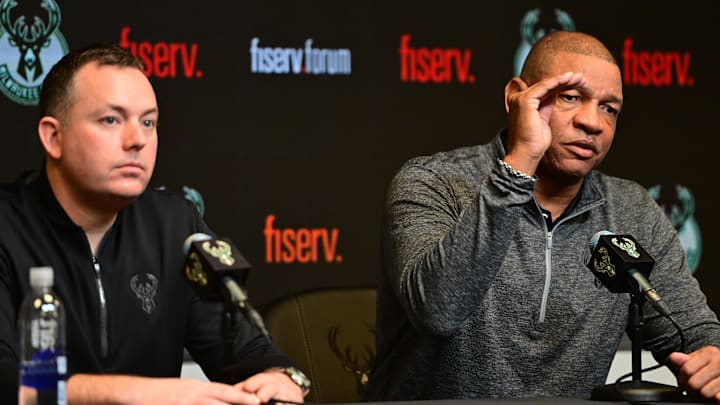 Jan 27, 2024; Milwaukee, WI, USA; Doc Rivers (right) speaks at a press conference with general manager Jon Horst as Rivers is introduced as the new head coach of the Milwaukee Bucks at the Fiserv Forum. Mandatory Credit: Benny Sieu-Imagn Images Jan 27, 2024; Milwaukee, WI, USA; Doc Rivers (right) speaks at a press conference with general manager Jon Horst as Rivers is introduced as the new head coach of the Milwaukee Bucks at the Fiserv Forum. Mandatory Credit: Benny Sieu-Imagn Images