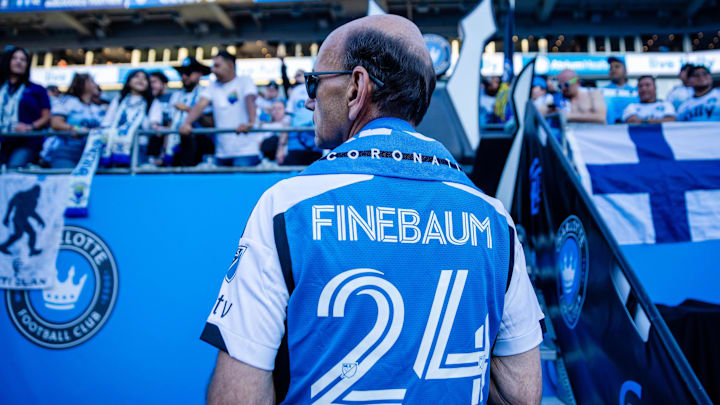 Paul Finebaum waits to get crowned at the Charlotte FC match against the Nashville SC at Bank of America Stadium.