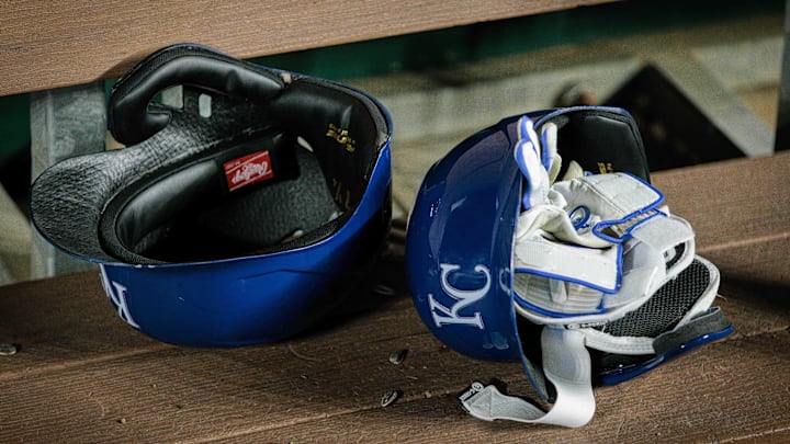 Apr 10, 2024; Kansas City, Missouri, USA; Kansas City Royals batting helmets in the dugout after the game against the Houston Astros at Kauffman Stadium. Mandatory Credit: William Purnell-Imagn Images Apr 10, 2024; Kansas City, Missouri, USA; Kansas City Royals batting helmets in the dugout after the game against the Houston Astros at Kauffman Stadium. Mandatory Credit: William Purnell-Imagn Images