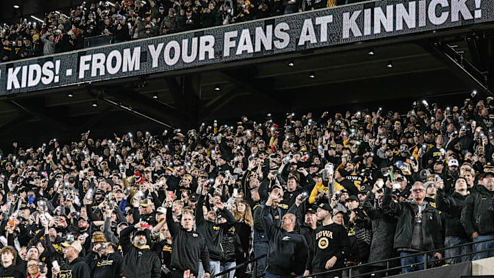 Nov 2, 2024; Iowa City, Iowa, USA; Fans conduct the Iowa Wave before the second quarter of the game between the Iowa Hawkeyes and the Wisconsin Badgers at Kinnick Stadium. Mandatory Credit: Jeffrey Becker-Imagn Images Nov 2, 2024; Iowa City, Iowa, USA; Fans conduct the Iowa Wave before the second quarter of the game between the Iowa Hawkeyes and the Wisconsin Badgers at Kinnick Stadium. Mandatory Credit: Jeffrey Becker-Imagn Images
