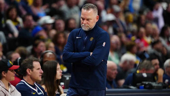 Apr 6, 2025; Denver, Colorado, USA; Denver Nuggets head coach Michael Malone during the third quarter against the Indiana Pacers at Ball Arena. Mandatory Credit: Ron Chenoy-Imagn Images